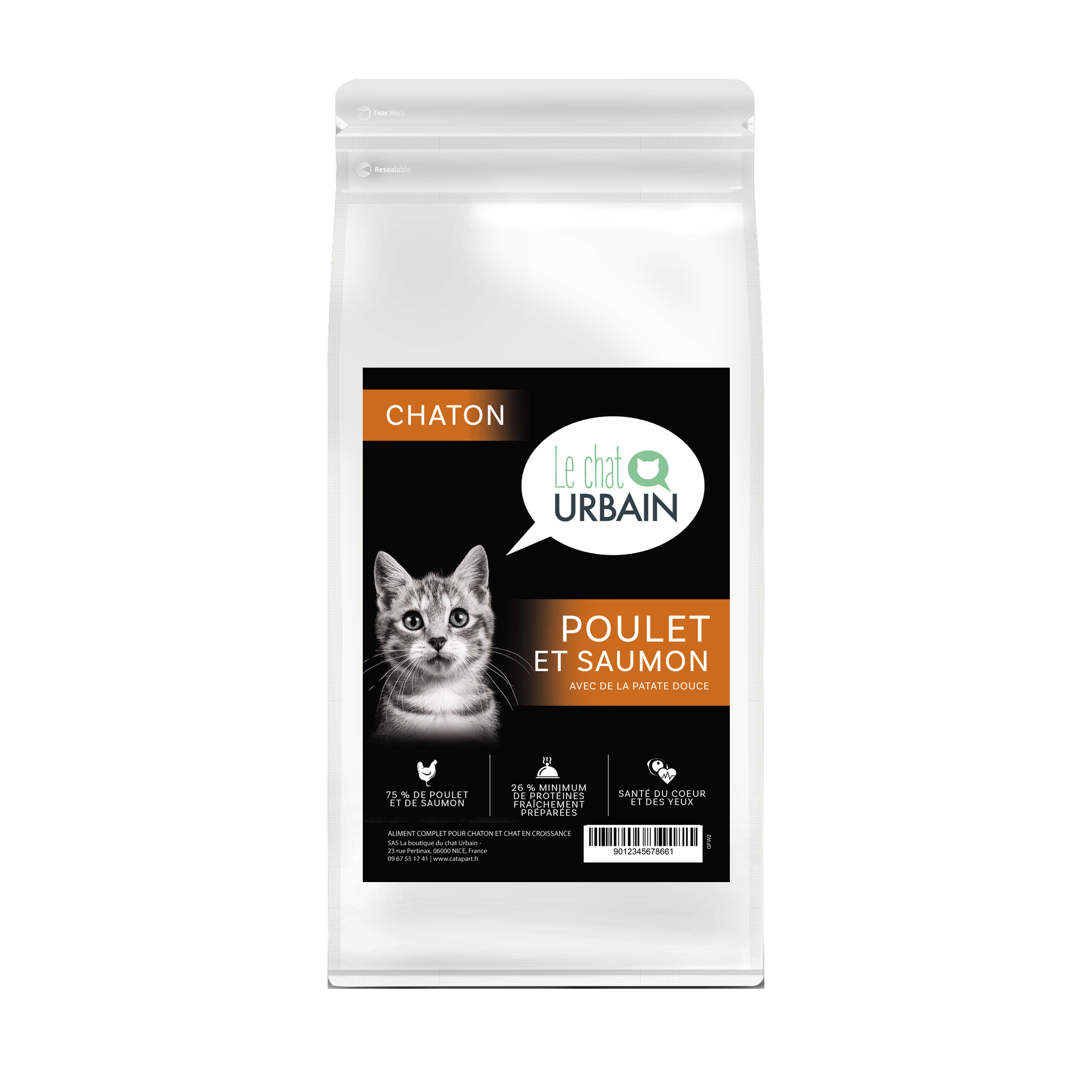 Croquettes sans céréales pour chaton – Poulet et saumon 2 kg – Le Chat Urbain — sac de face — 2 kg