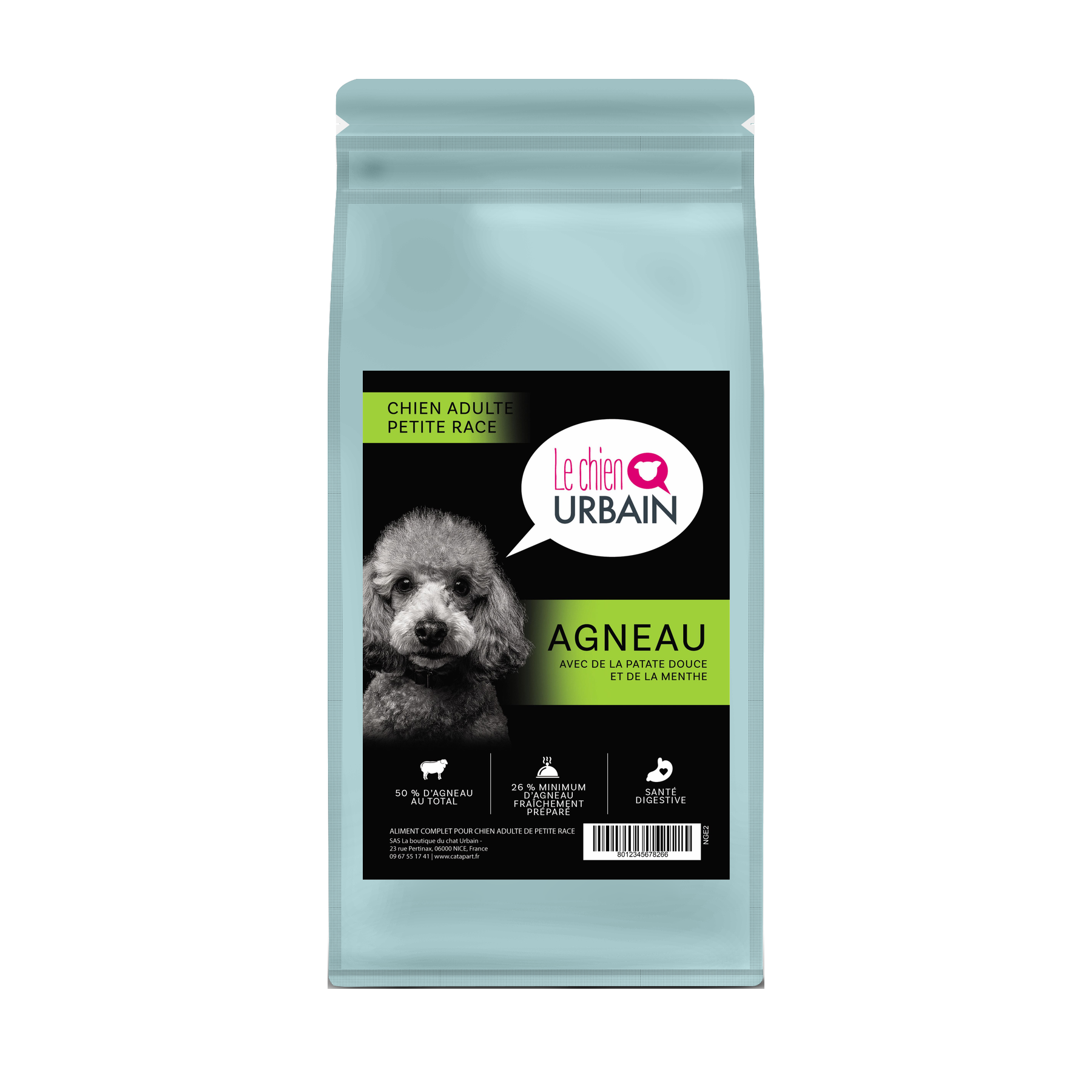 Croquettes sans céréales pour petit chien – Agneau, patate douce et menthe 2 kg – Le Chien Urbain — sac de face — 2 kg