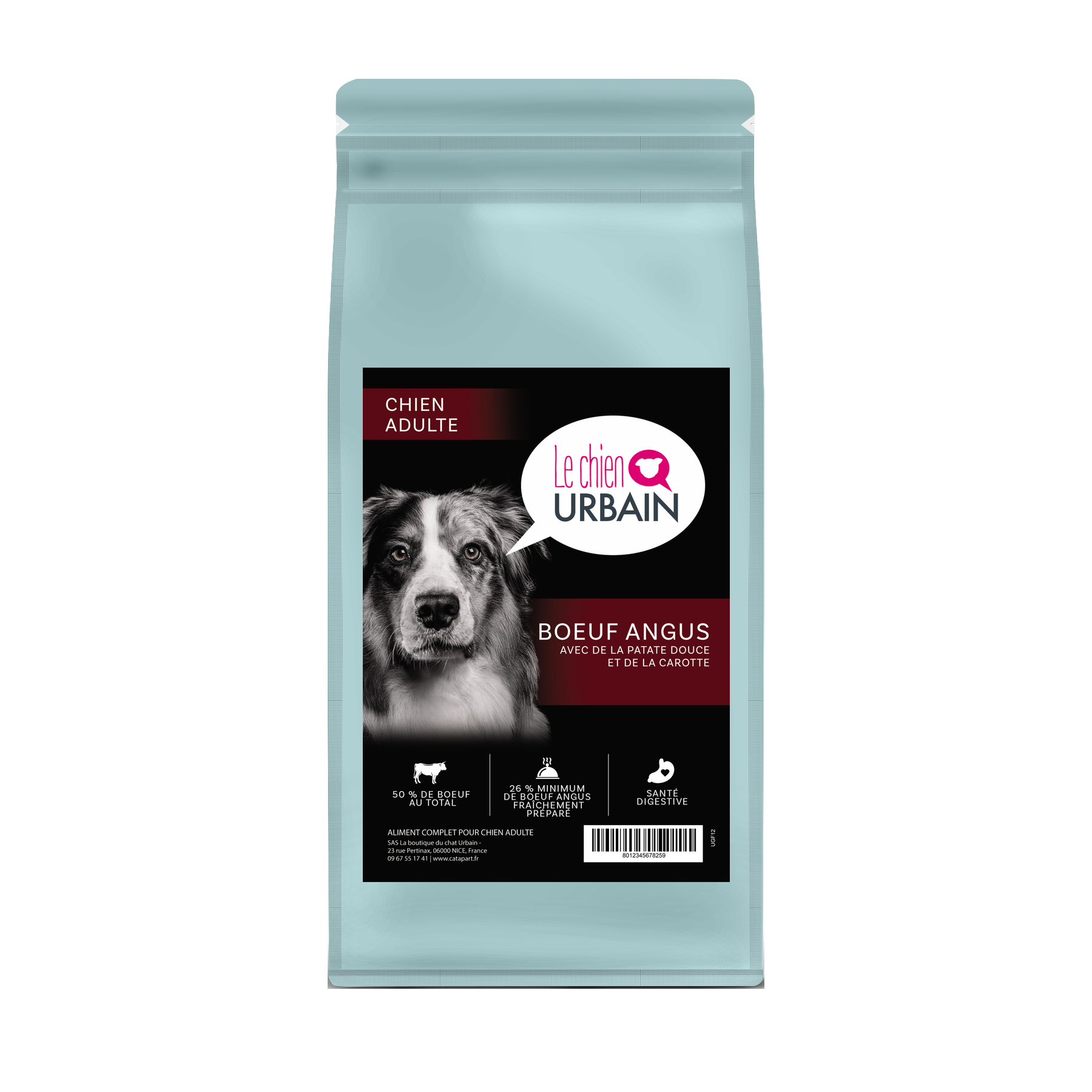 Croquettes sans céréales pour chien adulte – Bœuf Angus, patate douce et carotte – Le Chien Urbain — sac de face — 2 kg