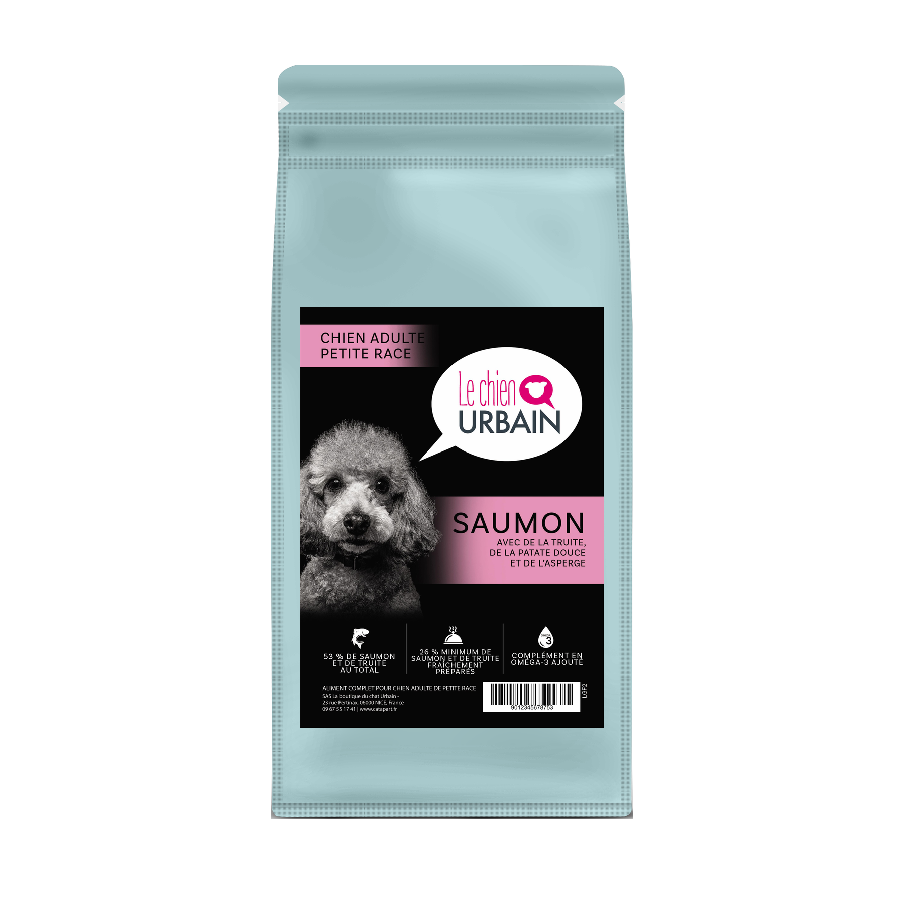 Croquettes sans céréales pour petit chien – Saumon, truite, patate douce et asperge 2 kg – Le Chien Urbain — sac de face — 2 kg