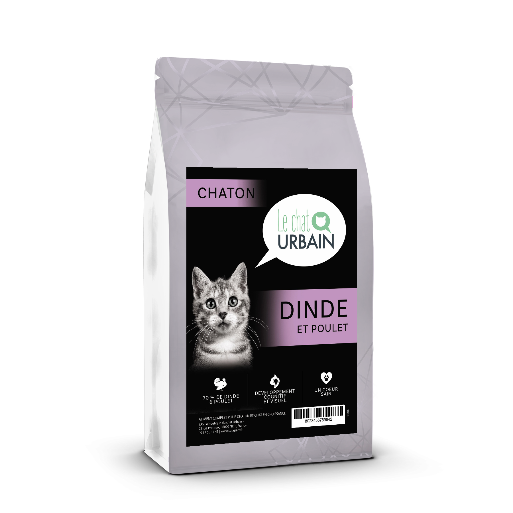 Croquettes sans céréales à la dinde et au poulet 70 % pour chaton - Le Chat Urbain — sac de profil — 1.5 kg