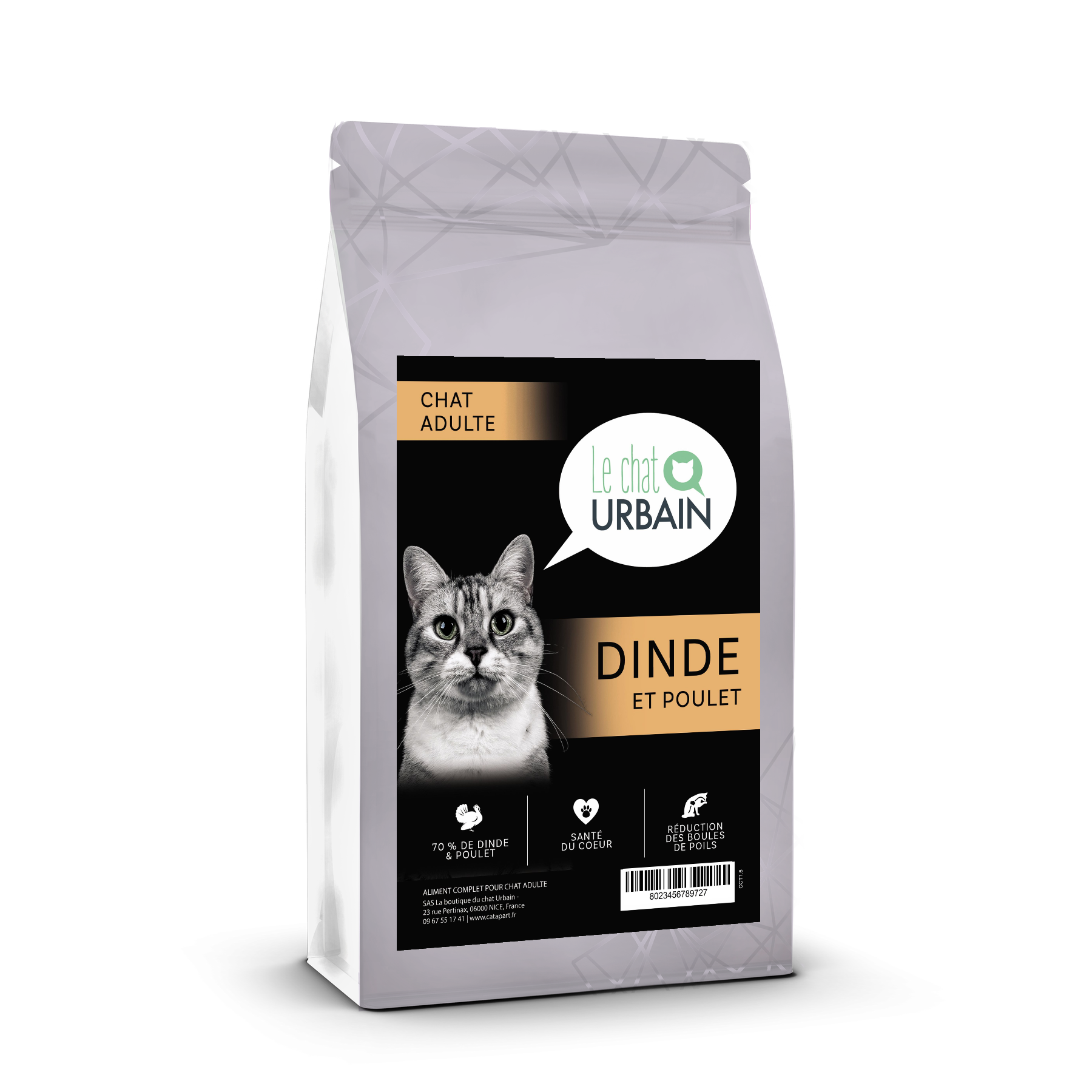 Croquettes sans céréales à la dinde et au poulet 70 % pour chat adulte - Le Chat Urbain — sac de profil — 1.5 kg