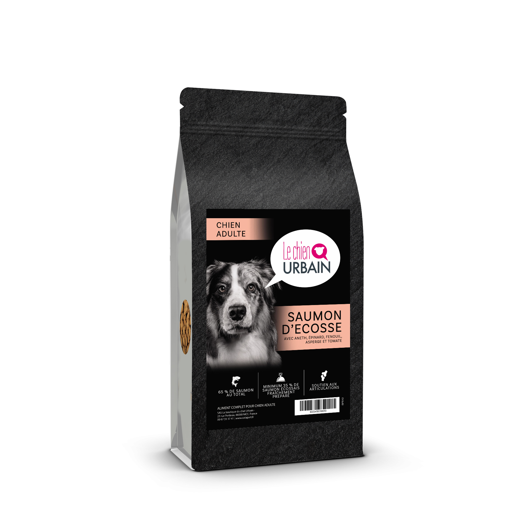 Croquettes sans céréales au saumon d'Écosse 65 % pour chien adulte - Le Chien Urbain — sac de profil — 2 kg
