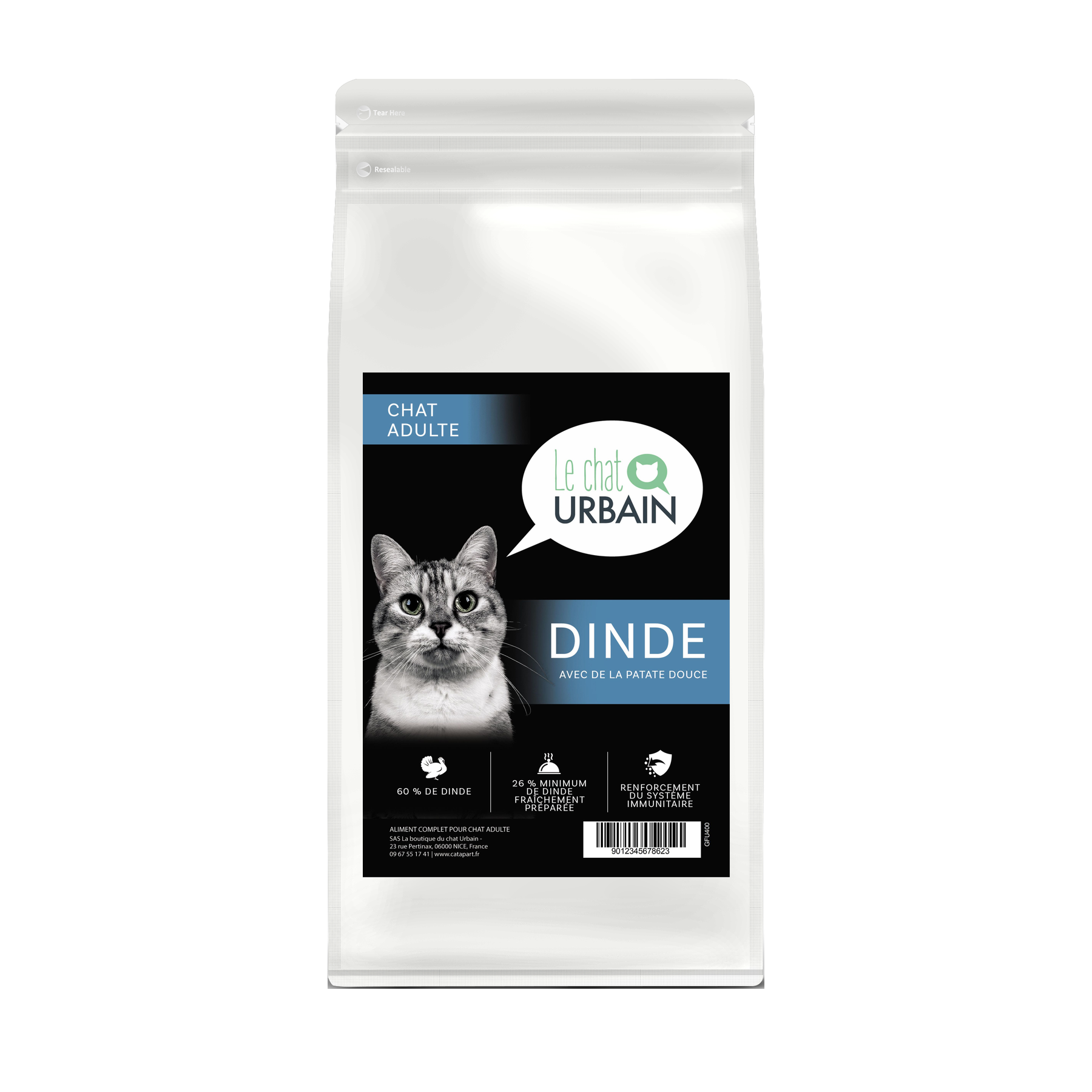 Croquettes sans céréales pour chat adulte – Dinde – Le Chat Urbain — sac de face — 2 kg