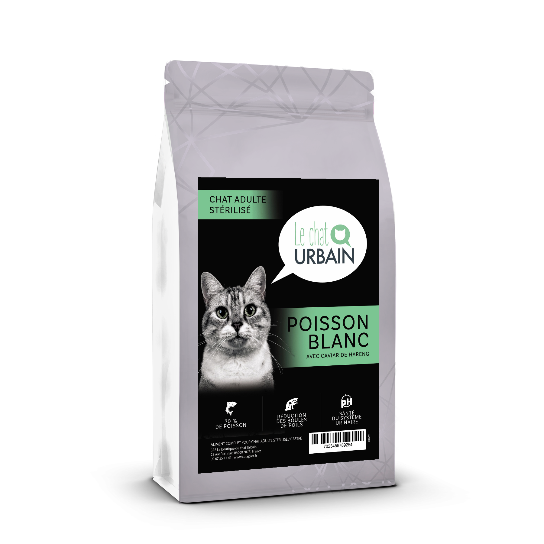 Croquettes sans céréales au poisson blanc et caviar de hareng 70 % pour chat stérilisé - Le Chat Urbain — sac de profil — 1.5 kg