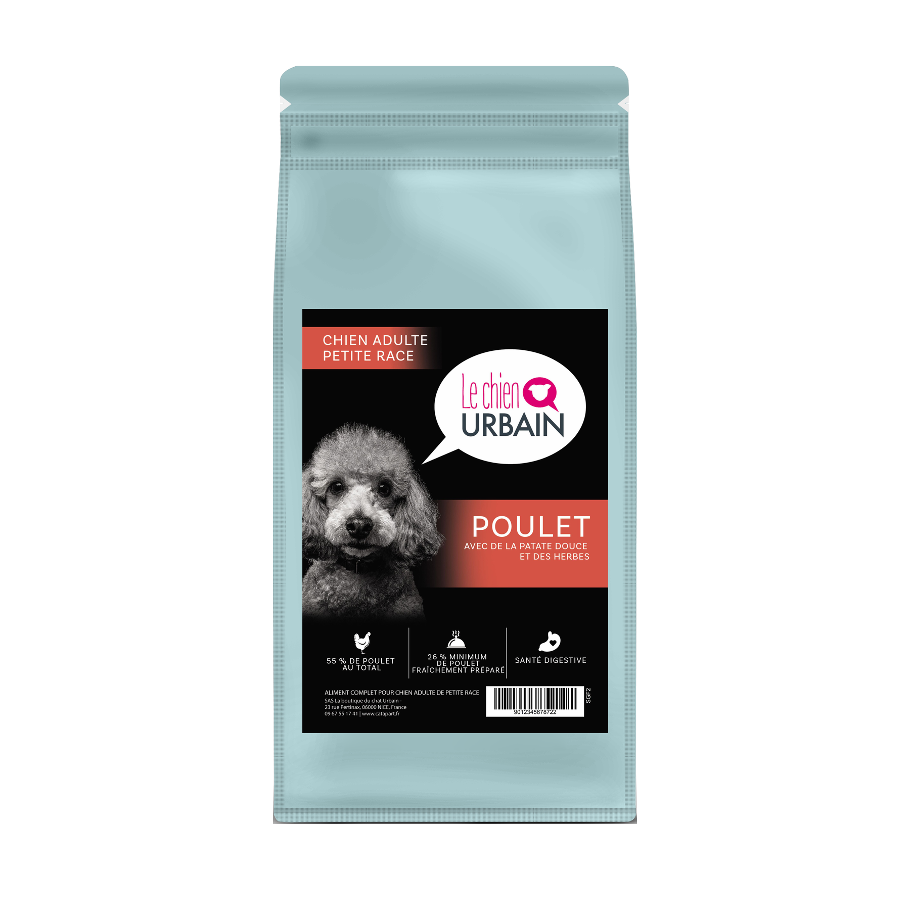 Croquettes sans céréales pour petit chien – Poulet, patate douce et herbes 2 kg – Le Chien Urbain — sac de face — 2 kg