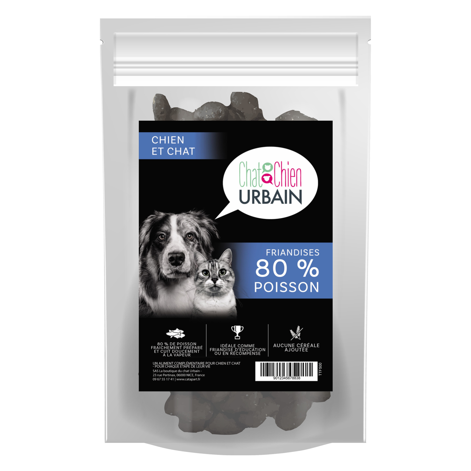Friandises au poisson 80 % pour chien et chat 500 g – Le Chien Urbain — sac de face — 500 g