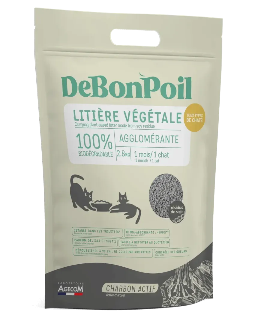 Sac de litière végétale DeBonPoil au charbon actif 6 L sur fond blanc