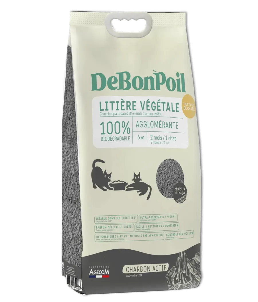 Sac de litière végétale DeBonPoil au charbon actif 6 L sur fond blanc