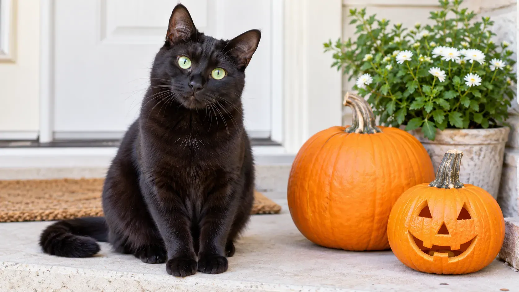 Chat noir aux yeux verts assis près de deux citrouilles orangées dans un décor Halloween lumineux.