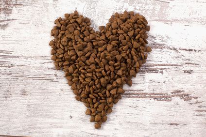 Forme de cœur réalisée avec des croquettes pour chien sur une surface en bois blanc patinée.