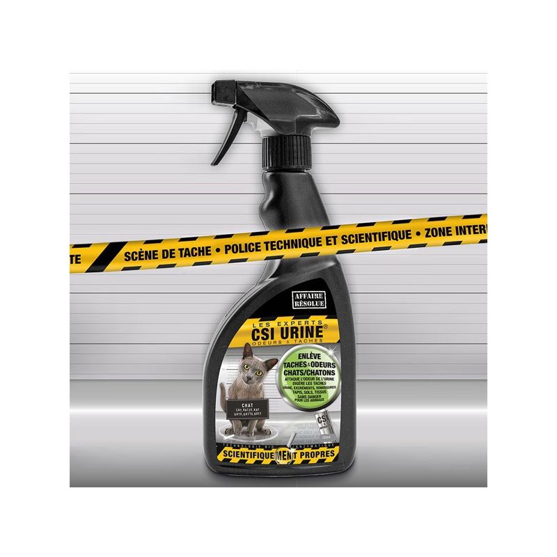 Flacon pulvérisateur noir de nettoyant pour urine CSI sur fond de ruban jaune 