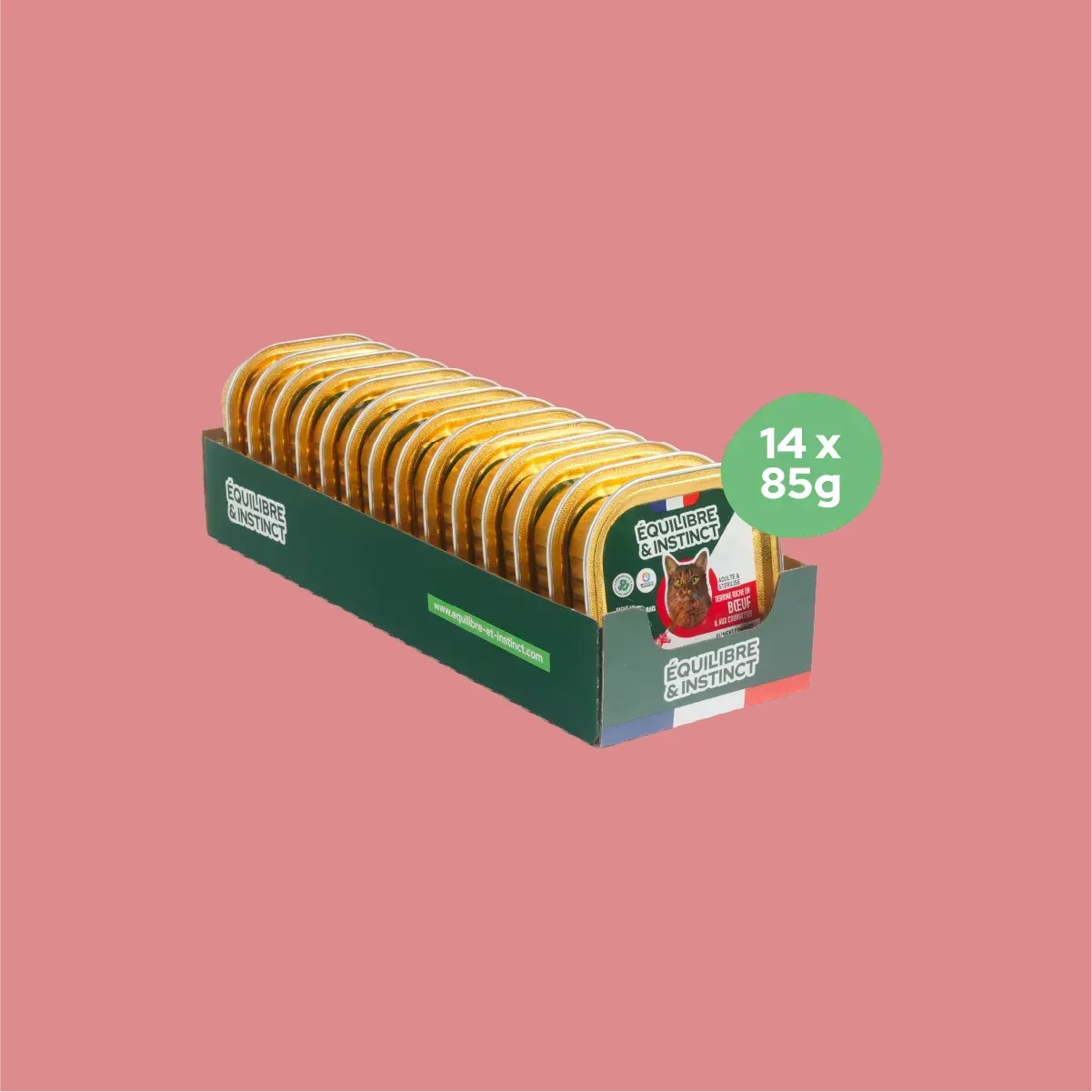 Pâtées riches en bœuf & aux courgettes (Chat stérilisé et Chat adulte) Équilibre & Instinct, carton de 14 barquettes de 85 g