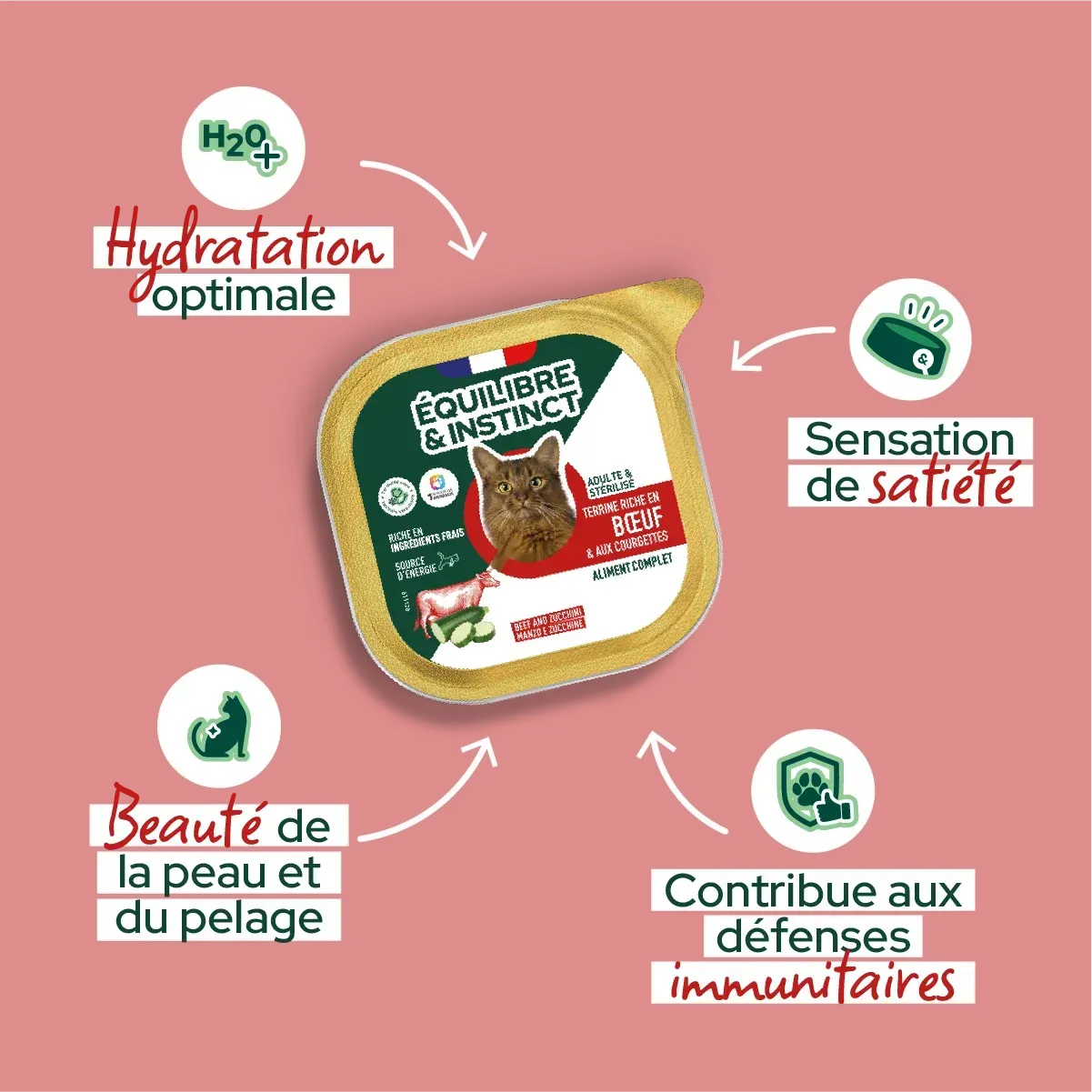 Pâtées riches en bœuf & aux courgettes pour chat stérilisé et chat adulte - Équilibre & Instinct composition et conseils d'utilisation