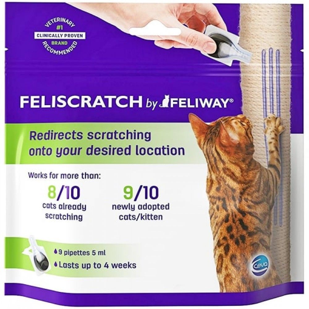 FELISCRATCH de Feliway, spray anti-griffures pour chats, emballage violet avec chat et griffoir.