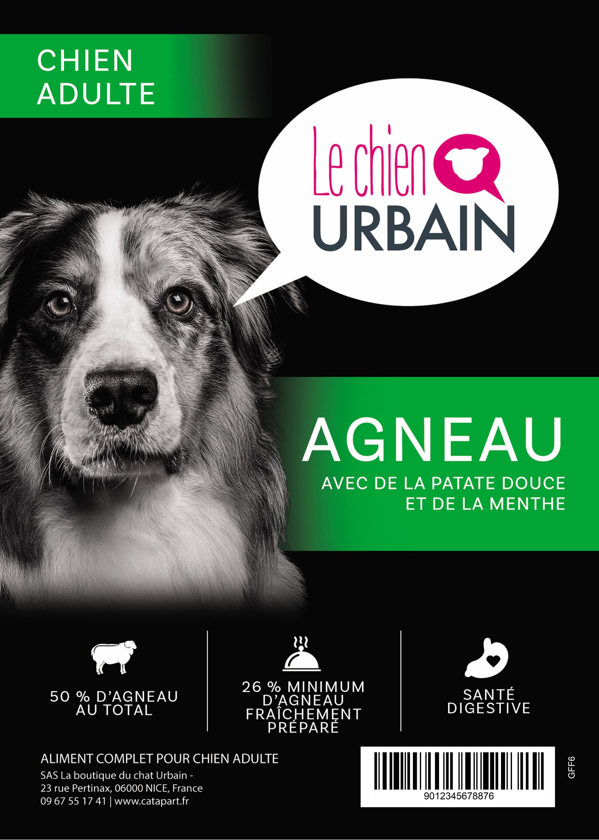 Croquettes sans céréales pour chien adulte – Agneau, patate douce et menthe – Le Chien Urbain — étiquette recto