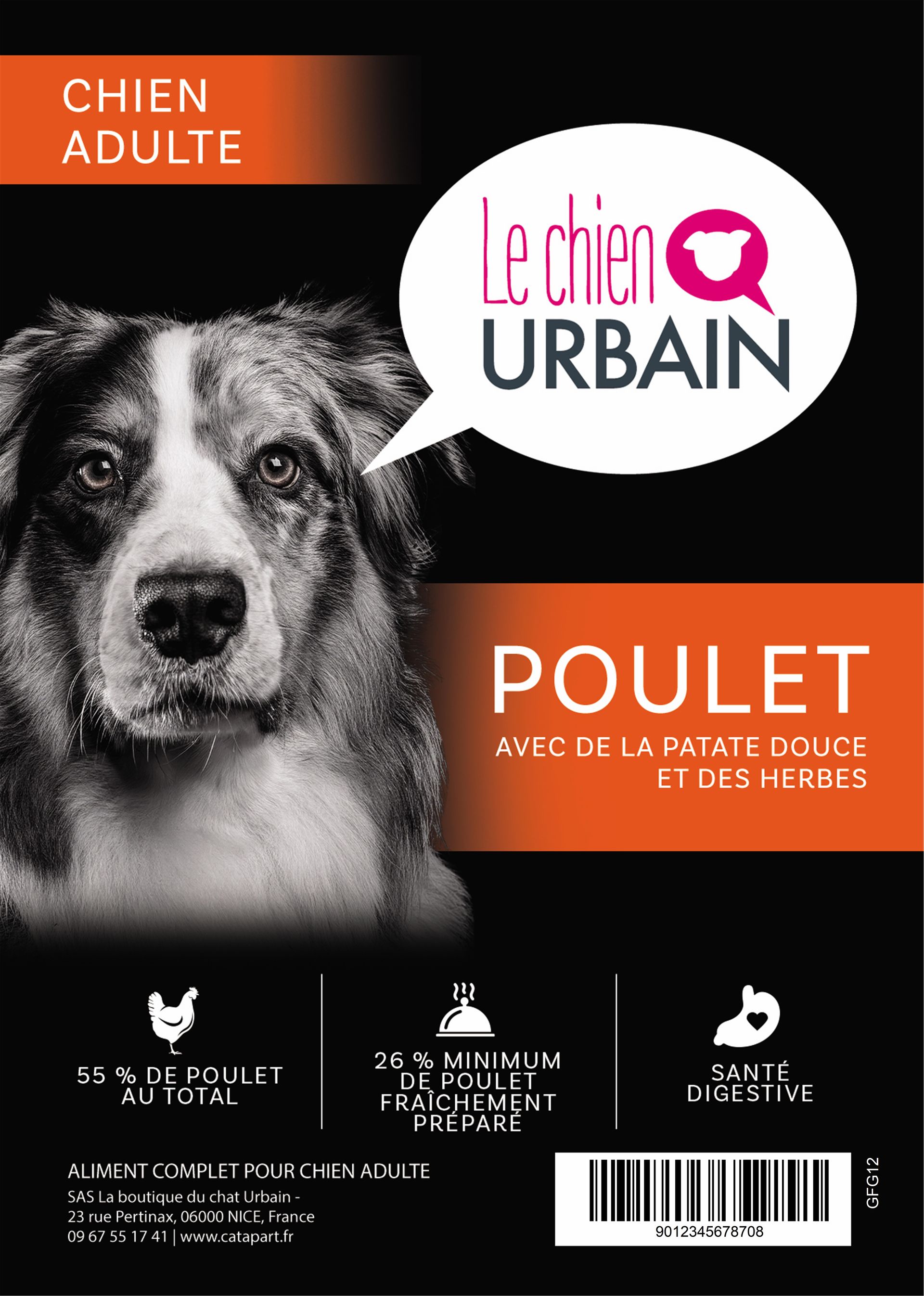 Croquettes sans céréales pour chien adulte – Poulet, patate douce et herbes – Le Chien Urbain — étiquette recto