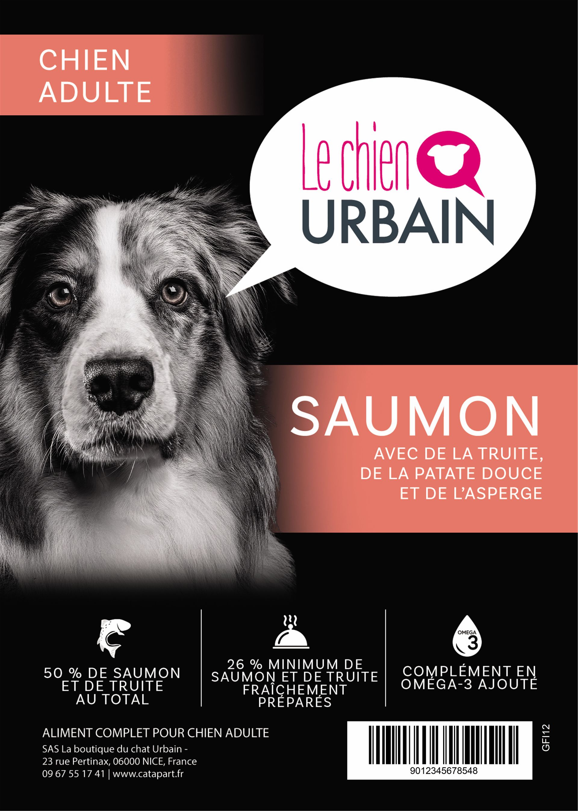 Croquettes sans céréales pour chien adulte – Saumon, truite, patate douce et asperge – Le Chien Urbain — étiquette recto
