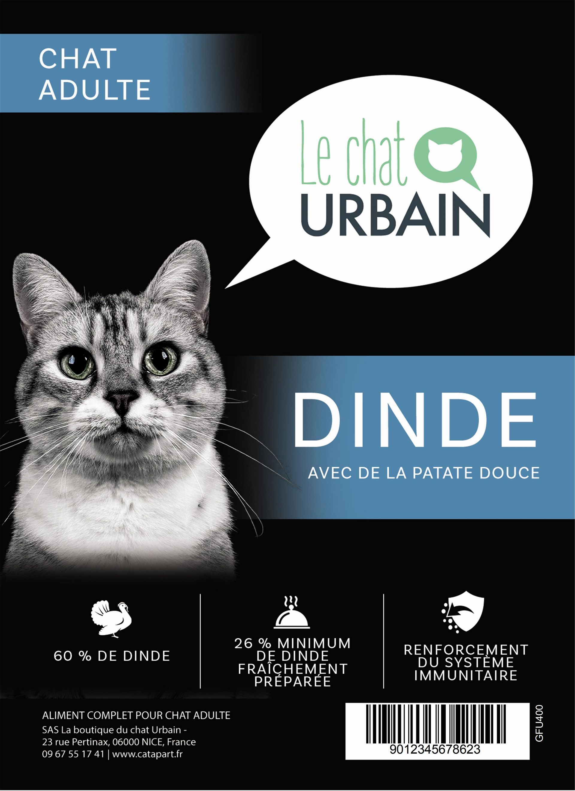 Croquettes sans céréales pour chat adulte – Dinde – Le Chat Urbain — étiquette recto