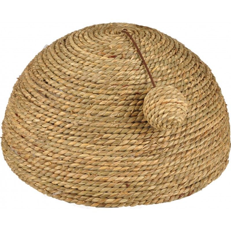 Chapeau en paille tressée beige naturel, orné d'un petit pompon rond sur le côté.