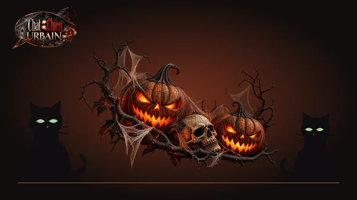 Deux chats noirs, des citrouilles illuminées et le logo Halloween de Chat Chien Urbain.