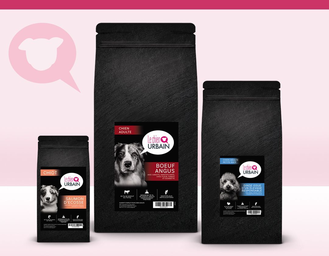 Des friandises pour chiens dans des boîtes transparentes sur une étagère en bois, de formes et de textures variées.