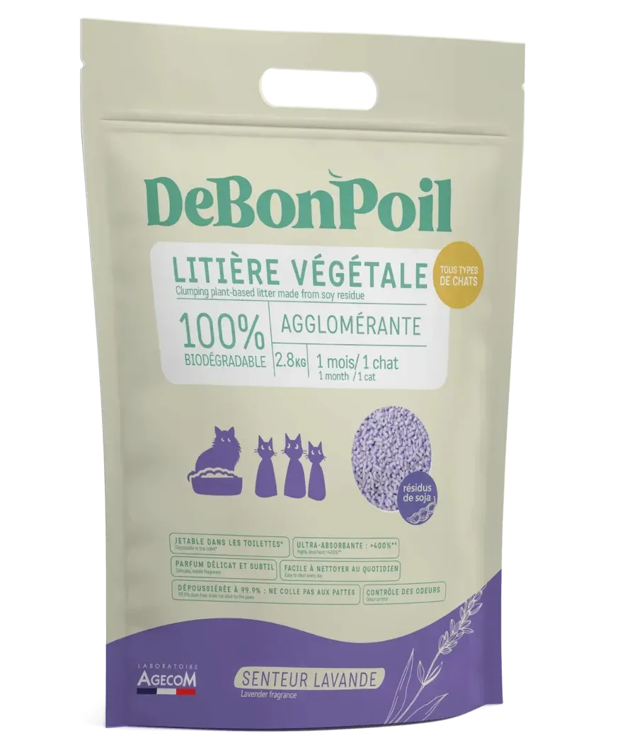 Sac de litière végétale DeBonPoil parfum lavande 6 L sur fond blanc