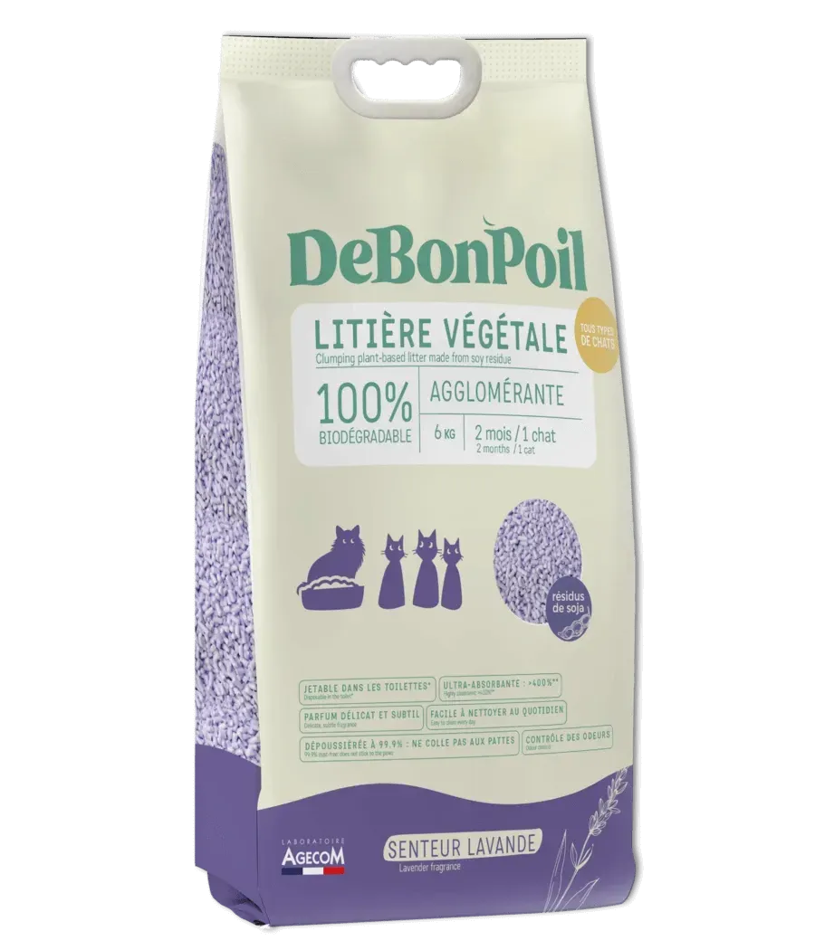 Sac de litière végétale DeBonPoil parfum lavande 6 L sur fond blanc