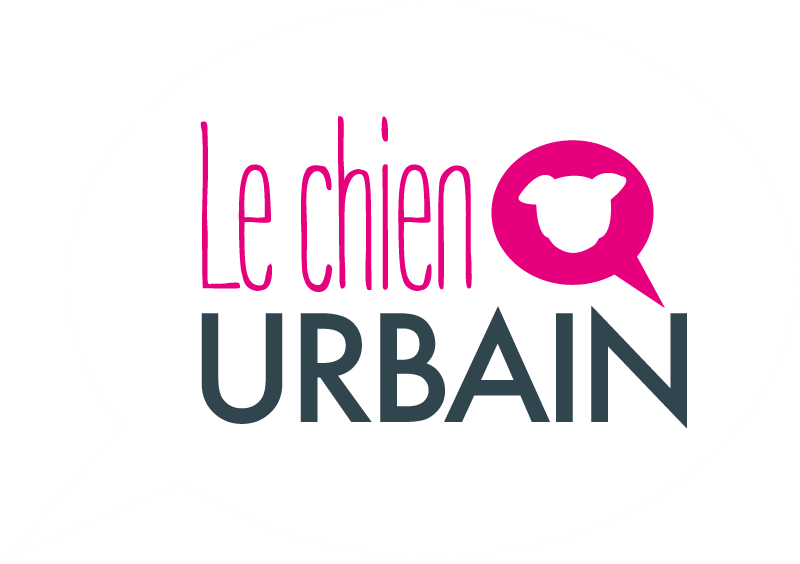 Logo pour « Le Chien Urbain », avec un texte rose et une tête de chien dans une bulle de dialogue rose.