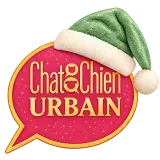 Chat Chien Urbain — logo de Noël rose et doré avec bonnet vert