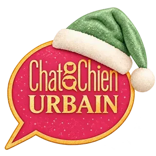 Chat Chien Urbain — logo de Noël rose et doré avec bonnet vert