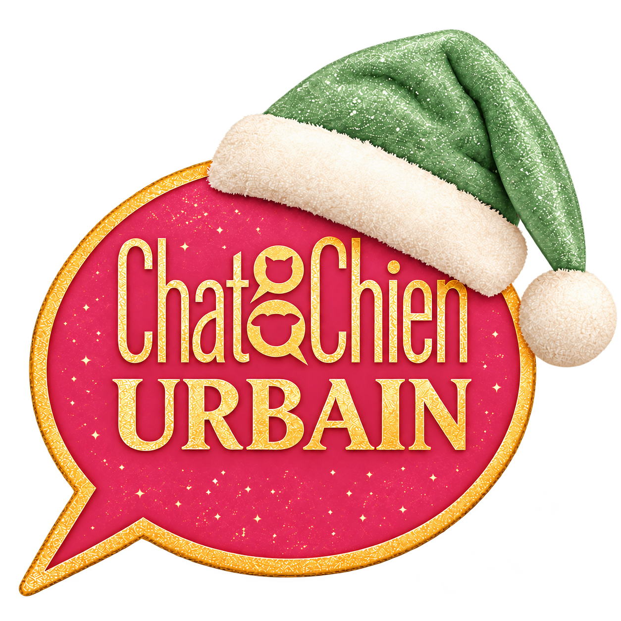 Chat Chien Urbain — logo de Noël rose et doré avec bonnet vert
