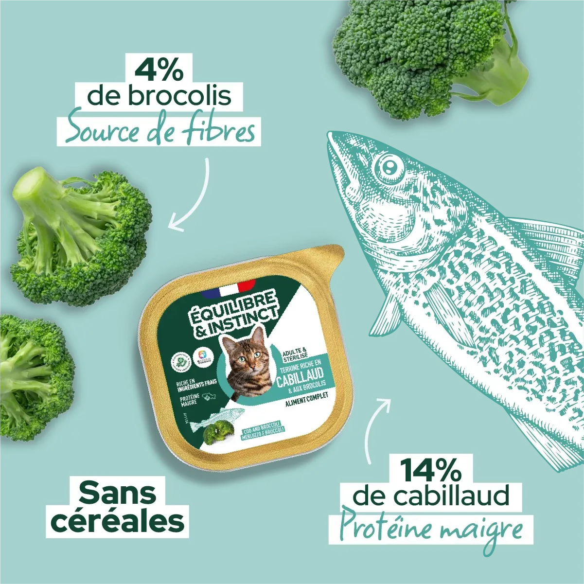 Pâtée cabillaud et brocolis pour chat stérilisé 85 g – Équilibre & Instinct
