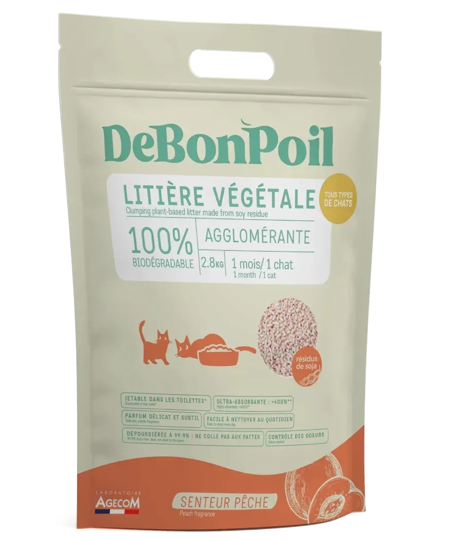 Sac de litière végétale DeBonPoil parfum pêche 6 L sur fond blanc