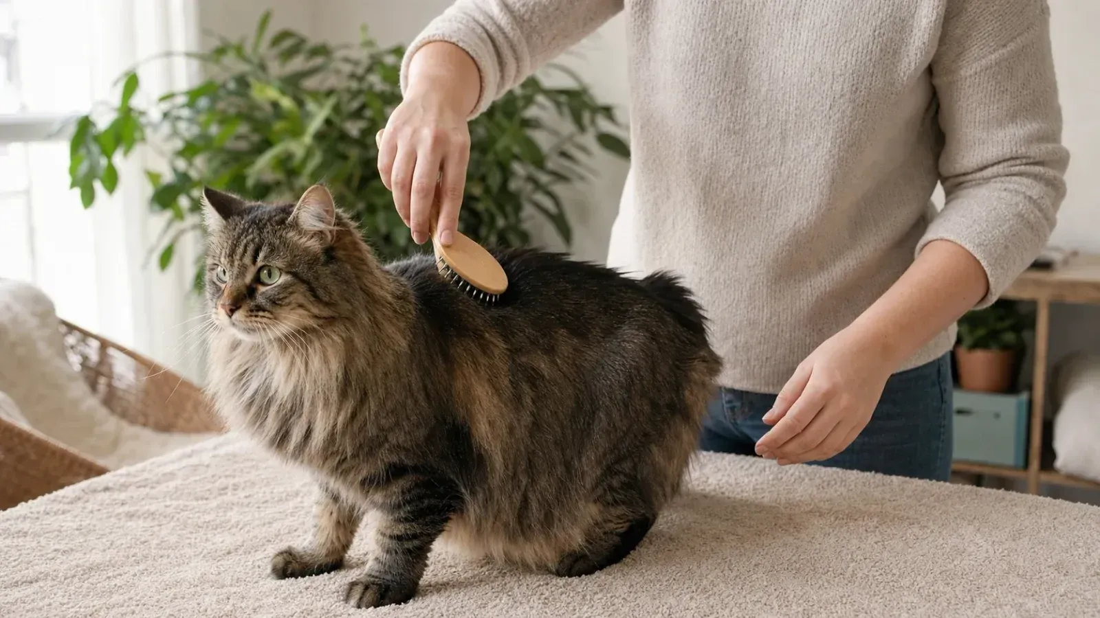 Chat à poils longs brossé sur une serviette posée sur une table