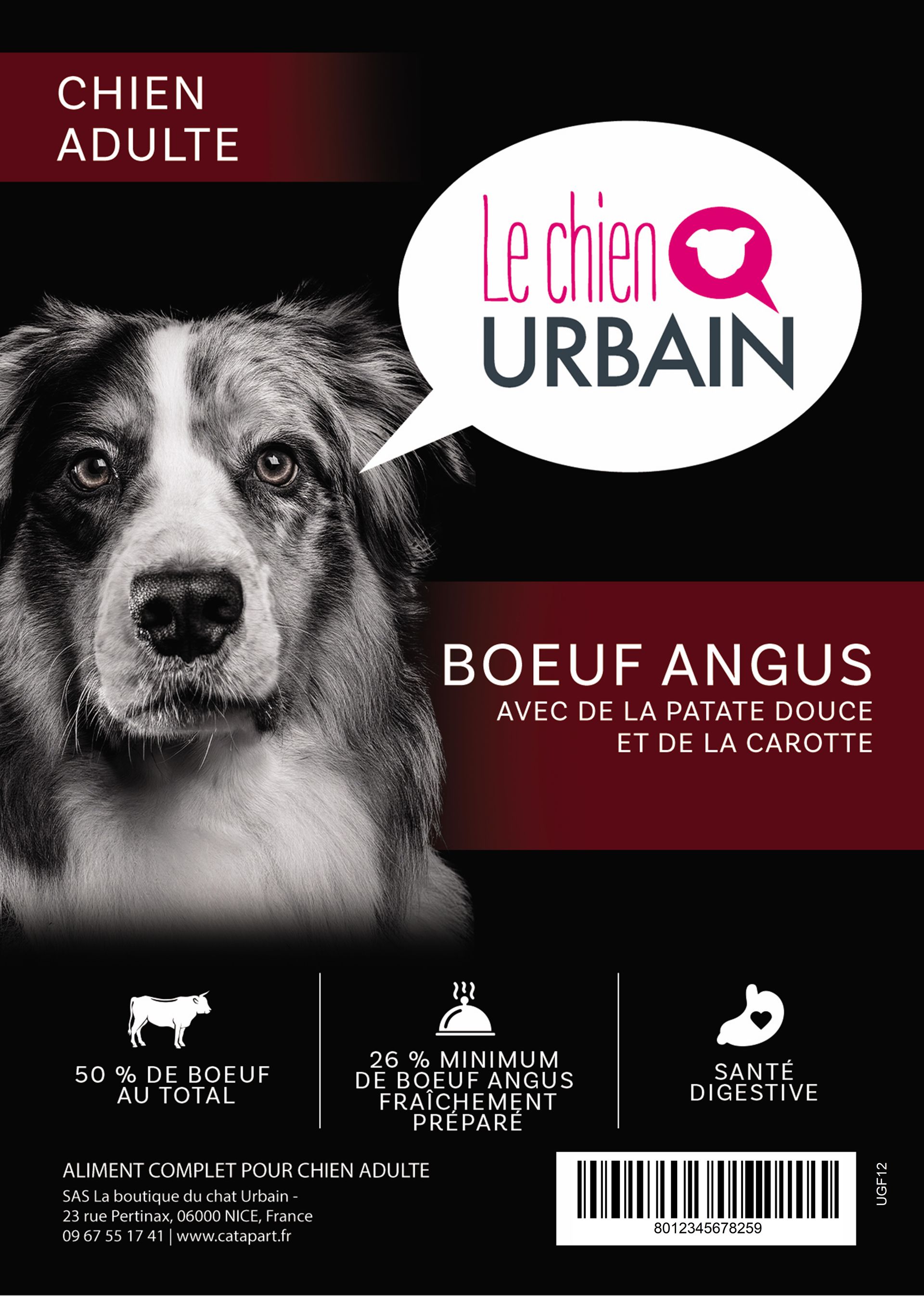 Croquettes sans céréales pour chien adulte – Bœuf Angus, patate douce et carotte – Le Chien Urbain — étiquette recto