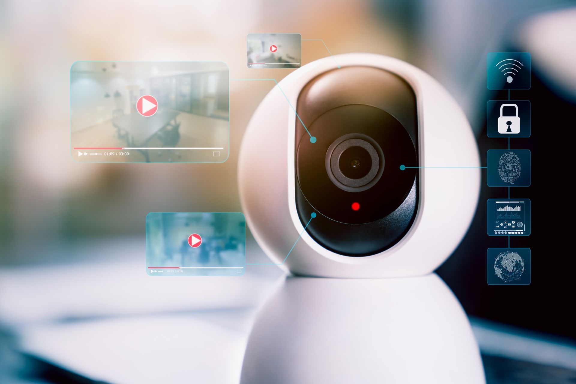 Caméra de sécurité domestique blanche avec objectif lumineux posé sur une table, avec des icônes d'applications et des vignettes vidéo floues en arrière-plan.
