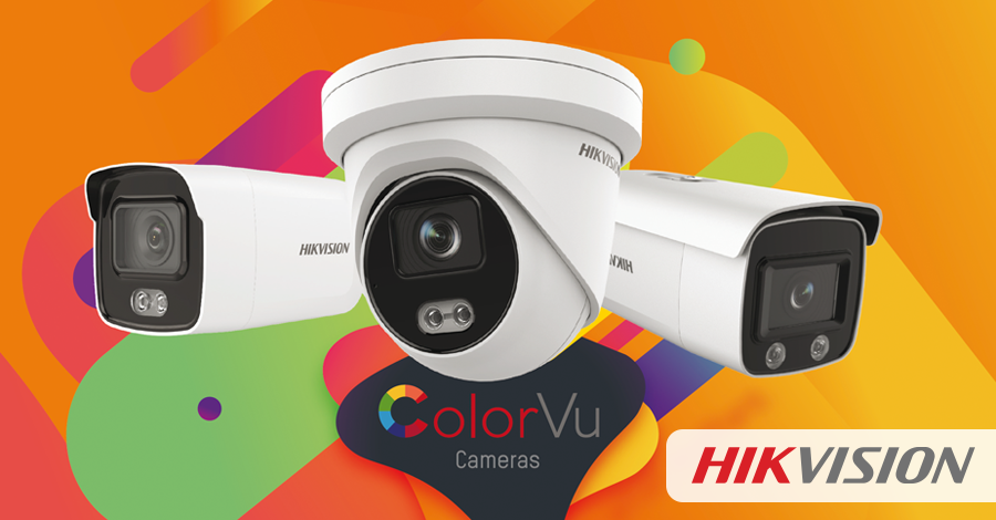 Caméras de sécurité ColorVu Hikvision sur fond promotionnel orange et vert vif.