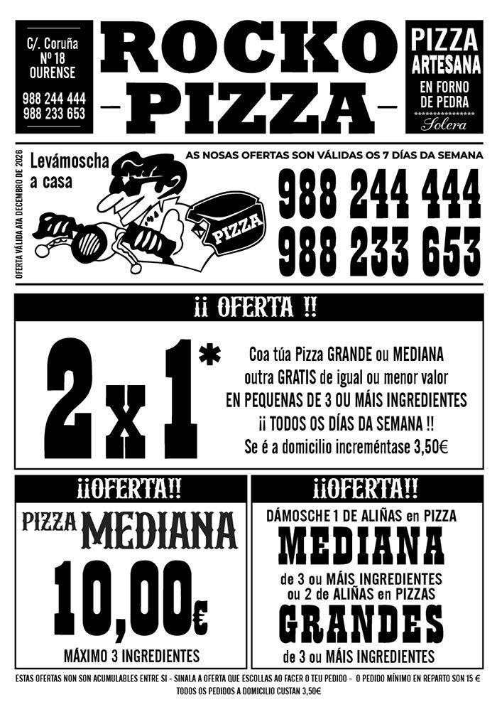 Anuncio de Rocko Pizza con ofertas. Incluye ilustraciones de pizzas, números de teléfono y ofertas como 2x1.