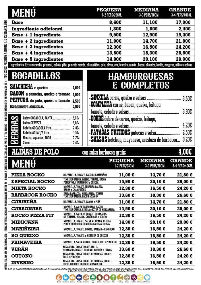Menú de artículos de comida, incluyendo sándwiches, hamburguesas y pizza con precios.