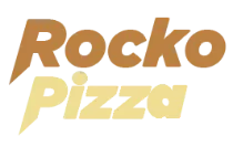 Logotipo de Rocko Pizza: texto marrón "Rocko" sobre "Pizza" amarillo claro sobre fondo blanco.