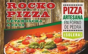 Rocko Pizza advertisement featuring pizza with tomatoes and basil, text: 
