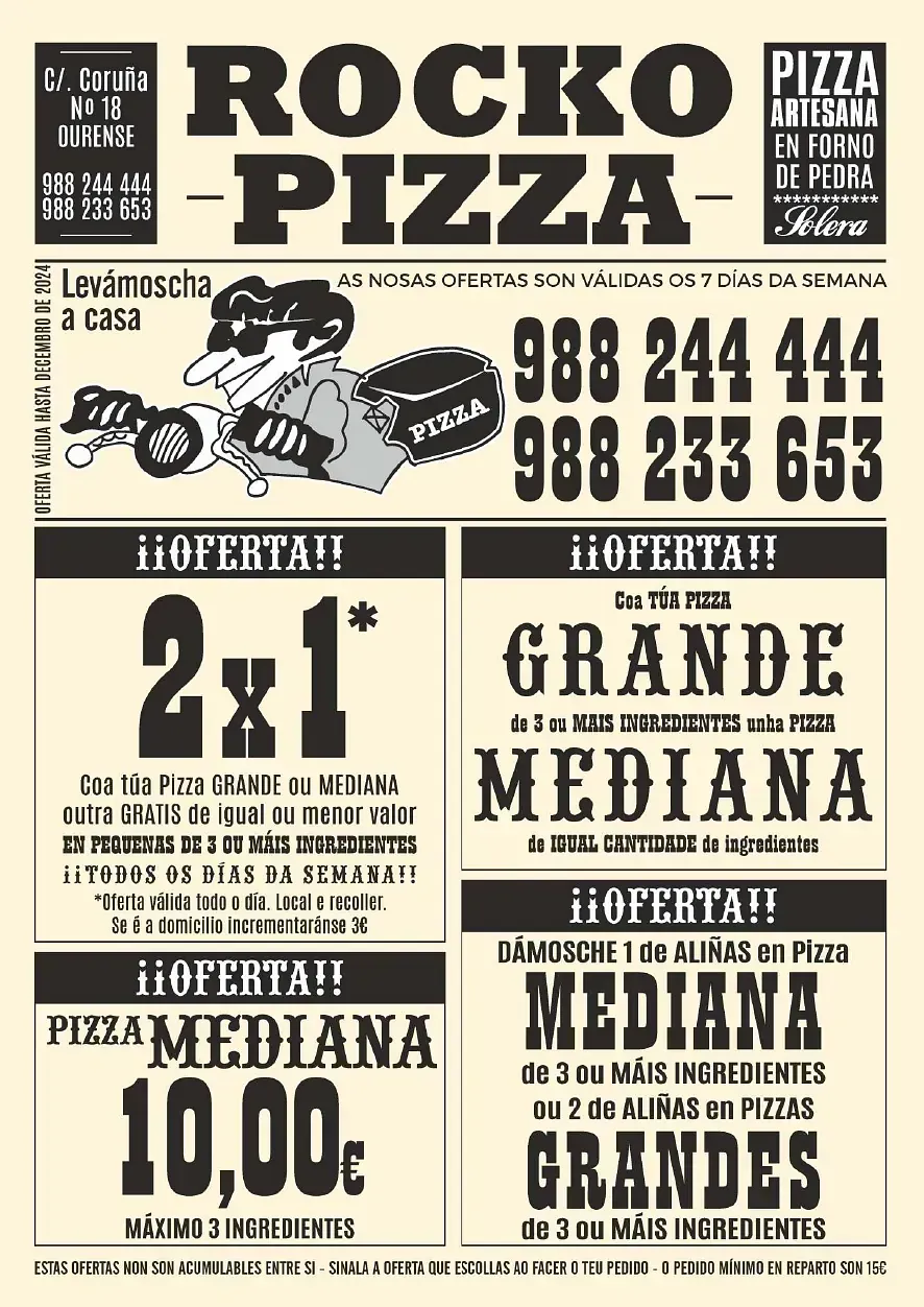 Anuncio de Rocko Pizza con ofertas. Incluye ilustraciones de pizzas, números de teléfono y ofertas como 2x1.