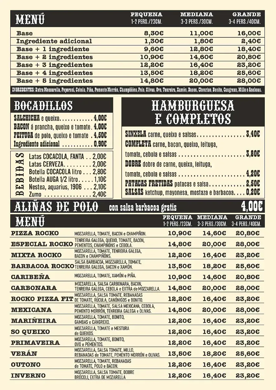 Menú de artículos de comida, incluyendo sándwiches, hamburguesas y pizza con precios.