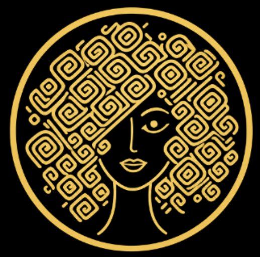 Rostro femenino abstracto dorado con cabello estampado en un emblema circular negro y dorado