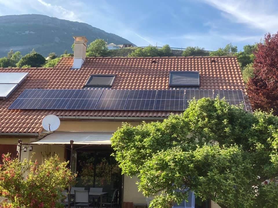 Panneaux photovoltaïques sur un toit avec un arbre au premier plan