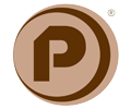 "P" marrón dentro de un diseño circular. Símbolo de marca registrada en la esquina superior derecha.