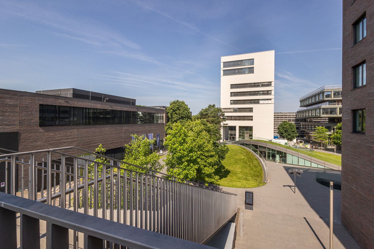 In einer Stadt wird ein großes Gebäude errichtet, im Hintergrund ist ein Kran zu sehen.