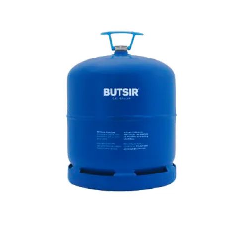 Un cilindro de gas butsir azul con un mango azul