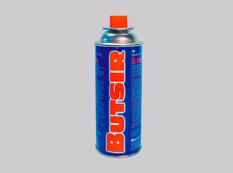 Una lata azul de gas butsir con una tapa naranja